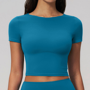 Women's Solid Color <b>Cap</b> <b>Sleeve</b> Crop <b>Top</b> T-Shirt O-Neck Quick Dry Spandex Polyester T-Shirts Casual Wear Stretch Crop Tee - Product Image 2