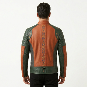 Blouson moto homme en cuir véritable color block, col montant, fermeture éclair, coupe ajustée, style automne - Product Image 3