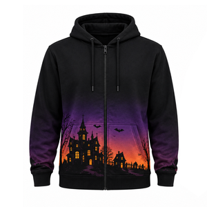 Sudadera con capucha para hombre con cremallera, diseño personalizado de casa embrujada y murciélagos, con bolsillos laterales de forro polar, ideal para Halloween. - Product Image 3