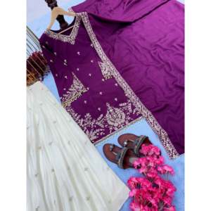 Bel ensemble Plazzo & Dupatta en soie de chinon pur pour femmes pour la fête Look lourd - Product Image 4