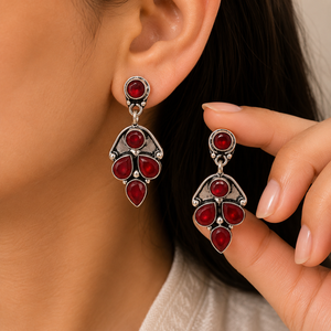 Verified Manufacturer Oxidized <b>Silver</b>-Plated Red Stone Bohemia Bezel Setting <b>Earrings</b> for Women - Product Image 5