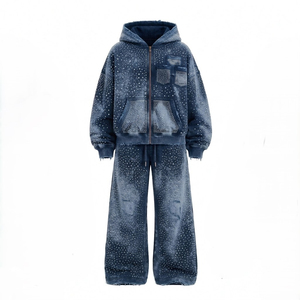 Ensemble de survêtement unisexe punk avec sweat à capuche zippé et pantalon de jogging ample à jambes larges, imprimé crâne par transfert thermique et strass, 2 pièces - Product Image 6