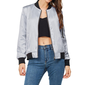 Women's Silver Satin Bomber <b>Jacket</b> Classic Zip Up Shiny Silk Flight <b>Jacket</b> Lightweight Casual Outerwear Coat with Pocket Grey - Product Image 3