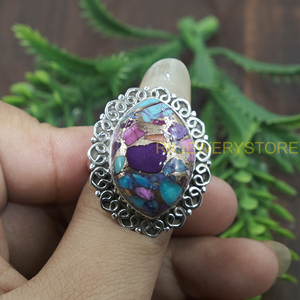 Pink Blue Copper Turquoise 925 Sterling <b>Silver</b> <b>Ring</b> Handmade Mosaic Inlay Vintage <b>Statement</b> Jewelry Women Gift for Anniversary - Product Image 4