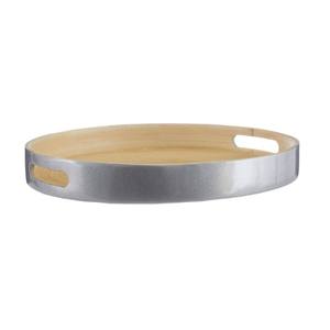 <b>Round</b> Bamboo Coil Serving Tray With Handles Metallic <b>Silver</b> Exterior <b>Coffee</b> <b>Table</b> Platter For Hotel Restaurant Wholesale - Product Image 3