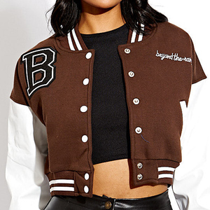 Wholesale New Design Women's Brown Varsity Jacket With White <b>Leather</b> Sleeves And Patch Embroidery <b>Short</b> Crop Style Jacket - Product Image 3