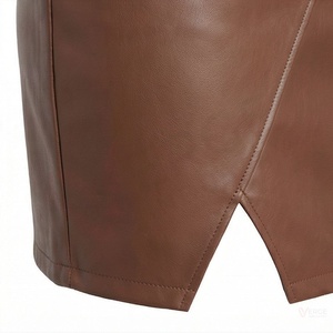 Women's Brown Faux Leather Mini <b>Skirt</b> High Waist Asymmetrical Hem <b>Slit</b> <b>Pencil</b> <b>Skirt</b> - Product Image 5