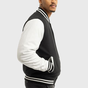 Customized Men's <b>Black</b> Varsity <b>Jacket</b> With White Sleeves Turn-down Collar Casual Autumn Wear Regular Fit Front Logo Printing - Product Image 3