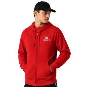 Sweat-shirt à capuche rouge à fermeture éclair sur le devant, manches longues, avec cordon de serrage et poches avant pour un style décontracté - Product Image 1