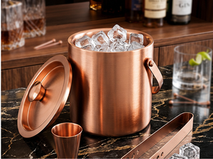 Handmade Copper Ice <b>Bucket</b> Set <b>with</b> <b>Lid</b> Tongs and Double Jigger Barware Beverage Chiller for Home Bar Cocktail Parties - Product Image 2