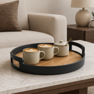 Round Bamboo Serving Tray with Handles| Premium Decorative Wooden Tray for Tea Coffee Snacks Home Hotel Restaurant <b>Table</b> Serving - Product Image 2