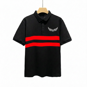 Polo à manches courtes noir pour homme avec rayures blanches et logo brodé, design décontracté en coton Oxford respirant - Product Image 5