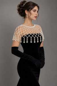 Cape d'épaule de mariée blanche perlée avec franges et design en maille, en polyester de luxe, Chandni Export House - Product Image 5