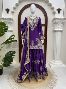 Traje Sharara Azul Oscuro Bordado para Mujer, Ropa India y Pakistaní, Atuendo de Fiesta y Boda con Lentejuelas, Secado Rápido - Product Image 4