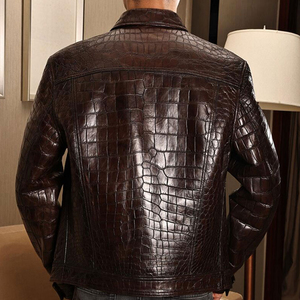 Veste en cuir PU marron pour homme, effet crocodile, col rabattu, style décontracté, simple boutonnage, coupe classique - Product Image 5