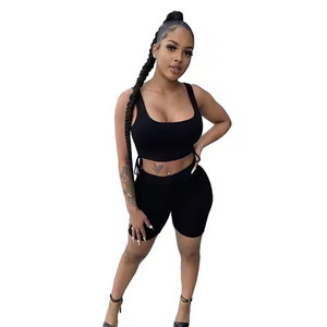 New Products Best Price Summer Solid Color Crop Top Biker Shorts Set <b>Women</b> <b>2</b> <b>Piece</b> <b>Outfit</b> Sleeveless Breathable Fit All Season - Product Image 3