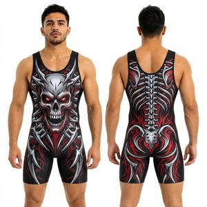 Gray Red Skull Graphic <b>Wrestling</b> <b>Singlet</b> OEM Sublimated High Quality Quick Dry Athletic <b>Wrestling</b> <b>Singlets</b> - Product Image 1