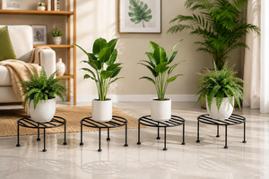 Support de plantes rond surélevé en fer avec plateforme grillagée ouverte – Support minimaliste en métal pour pots de fleurs, idéal pour plantes d'intérieur, balcon et terrasse - Product Image 3