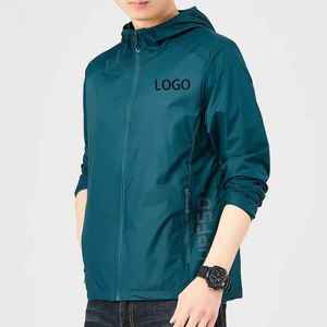 Veste coupe-vent à capuche pour homme, couleur unie, polyester, fermeture éclair, logo sur le devant, vêtements d'extérieur décontractés pour l'automne - Product Image 3
