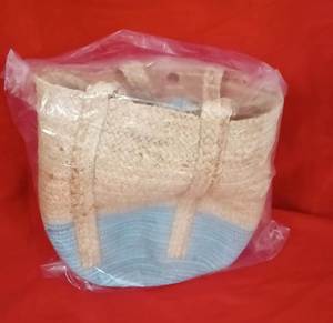 Bohemian Straw Cotton jute Tote Bag With Blue Bottom Two Handles Open <b>Top</b> For Beach Casual Use <b>Women's</b> Durable Handbag - Product Image 3