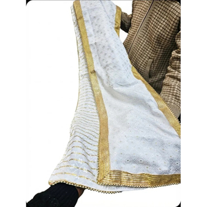 Estola Tradicional India para Boda, Color Oro Blanco, con Borde de Perlas (2.5m) - Product Image 3