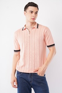 Camiseta polo texturizada color melocotón para hombre, de algodón, con cuello con cremallera, manga corta, ropa informal de verano - Product Image 4