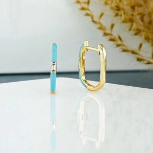 14k Gold Turquoise Enamel Hoop <b>Earrings</b> Baguette Diamond Lever <b>Back</b> Dainty Colorful Fine Jewelry Elegant Art Deco Inspired Gift - Product Image 3