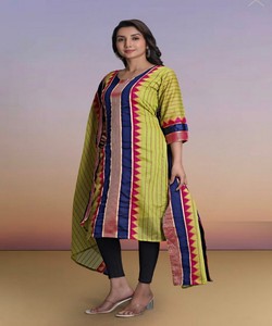 ชุดเสื้อผ้าฝ้ายลายแจ็คการ์ดแฟนซี คันชี พร้อมผ้าคลุมไหล่ ชุดลำลอง แห้งเร็ว เสื้อผ้าชาติพันธุ์สำหรับผู้หญิง สีเขียวพาร็อต - Product Image 4