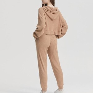 Survêtement beige à capuche pour femme, couleur unie, manches longues, décontracté, respirant, avec cordon de serrage, coupe ample, 100 % coton, idéal pour l'automne - Product Image 2