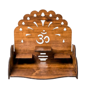 Handcrafted Wooden Pooja <b>Mandir</b> with OM Symbol & Kalash Cutwork Design – Scalloped Crown Temple Shelf | 28x20x29cm - Product Image 5