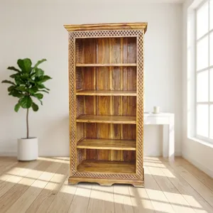 <b>Modern</b> Solid Recycled Wooden Open Bookcase Bookshelf Display Showcase 5 <b>Shelves</b> With Back Panel Hand Carved For Living Room Hote - Product Image 5