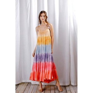 Vestido Maxi de Fiesta Formal Elegante para Otoño, Vestido de Mujer de Poliéster/Algodón con Estampado Tie-Dye Arcoíris, Corte A, Transpirable, Escote Redondo - Product Image 1