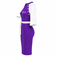 NCNW Gaun Midi Bodycon Wanita Warna Kontras Ungu Putih dengan Detail Kancing Lengan Cape dan Ikat Pinggang
