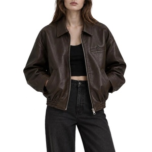 Premium New Style <b>Women's</b> Brown Woven Faux <b>Leather</b> <b>Jacket</b> Zip Up Short Collar Anti Wrinkle <b>Women</b> <b>Leather</b> <b>Jacket</b> - Product Image 2