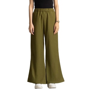 Pantalon cargo large vert olive pour femme, taille mi-haute élastique, coupe droite, longueur complète, formel, printemps, couleur unie, respirant, tissé - Product Image 1