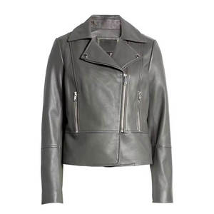 Abrigo Gris de Cuero Genuino Transpirable y Cortavientos, Estilo Urbano, con Cuello Solapa, Cremallera Asimétrica y Bolsillos Laterales con Cremallera, Corte Ajustado - Product Image 1