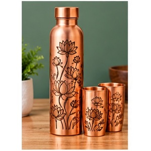 Earthy Heritage Art <b>Copper</b> <b>Water</b> <b>Bottle</b> With Floral Design Portable Drinkware Set For Home Use - Product Image 6