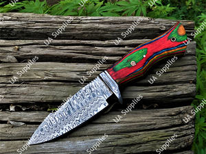 Cuchillo Táctico de Supervivencia y Camping de Acero de Damasco de Grado Industrial de Alta Calidad con Hoja Fija de Punta Caída y Mango de Madera Pakka con Funda de Cuero - Product Image 5