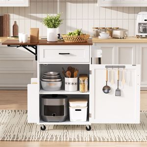 Isola da Cucina Stile Fattoria con Ruote, Un Cassetto, Ripiano Laterale Aperto e Portasciugamani, 39.3" con Piano Ribaltabile - Product Image 3