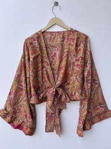 Lot de hauts en soie pour femmes, style rétro, à manches cloche, à nouer, avec 3 façons de porter, style hippie bohème, à nouer devant - Product Image 4