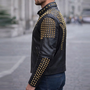 Veste de moto vintage en cuir PU noir pour homme avec col montant, fermeture éclair et logo sur le devant, style motard - Product Image 3