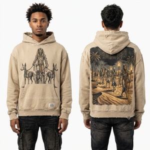 Sweat à capuche streetwear vert olive pour homme, motif squelette personnalisé, en molleton épais et vieilli, vente en gros de vêtements - Product Image 5