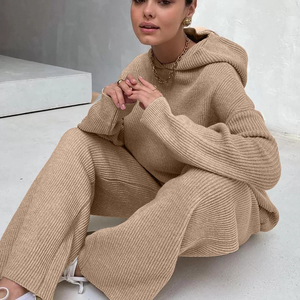 Ensemble décontracté deux pièces pour femme en tricot côtelé à capuche, coupe régulière, survêtement long, couleur unie, Spandex/Polyester, avec poches, toutes saisons - Product Image 3