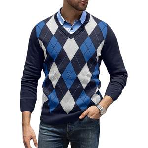 2025 hommes décontracté col en V pull Slim Fit à manches longues Argyle pull côtelé tricot Anti-rides fait doux cachemire pour l'automne - Product Image 4