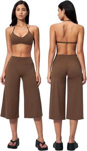 Ensemble de yoga 2 pièces bleu clair, haut court dos nu à col en V profond et pantalon taille haute mi-mollet, sans couture, en Spandex et Polyester - Product Image 6