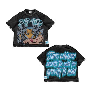 Camiseta 100% algodón para hombre, corte holgado, estampada, camiseta de algodón con lavado ácido para hombre, 220 GSM, negra, con estampado gráfico, logotipo personalizado. - Product Image 1