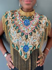 Luxury Gold Hand Embroidered Beaded Fringe Cape Blouse Designer Sequin Tassel Shoulder Collar <b>Top</b> for Wedding & Stage Wear - Product Image 6