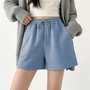 <b>Women's</b> <b>White</b> Solid Color Knitted Cotton <b>Shorts</b> High Waist Drawstring Elastic Casual Loose Fit With Pockets - Product Image 3