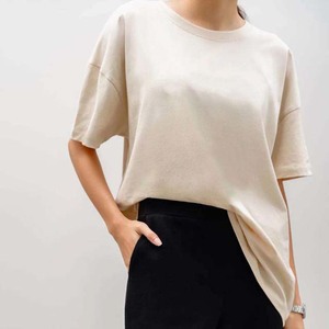Camiseta Corta para Mujer, Color Sólido, Cuello Redondo, Hombros Caídos, Corte Holgado, Manga Corta, Tejido de Punto, 100% Algodón, Transpirable, Informal, Verano - Product Image 6