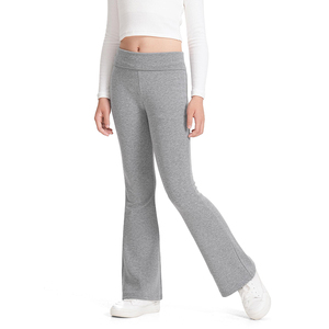 <b>Girls</b> Gray Knitted Foldover Waist School Uniform <b>Flare</b> <b>Leggings</b> Custom Logo Wide Leg Bell Bottom Pants - Product Image 2